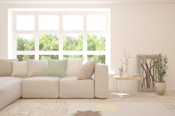 Minimalist living room in white color with sofa and summer landscape in window. Scandinavian interior design. 3D illustration