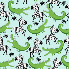 Savannah seamless pattern- funny zebra and crocodile hand drawn vector illustartion. Good for Textile print, T shirt, poster, wrapping and wall paper design.