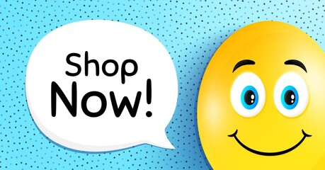 Shop now symbol. Easter egg with smile face. Special offer sign. Retail Advertising. Easter smile character. Shop now speech bubble. Yellow egg background. Vector