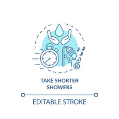 Take shorter showers ideas concept icon. Sustainable tourism ideas. Cut your everyday water usage idea thin line illustration. Vector isolated outline RGB color drawing. Editable stroke