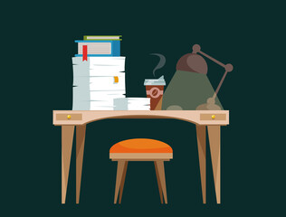 A desk with a chair, a computer littered with documents and folders. Vector flat illustration. Cluttered workplace. Night duty. Freelance at home. Clipart flat trend