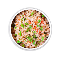 Fried rice with vegetables and egg in the gray ceramic bowl isolated on white. Hot meal