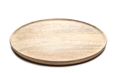 Empty traditional wooden plate isolated on white background