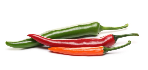 Colorful spicy peppers, red, orange and green paprika isolated on white background