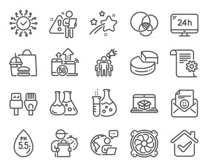 Technology icons set. Included icon as Ph neutral, Euler diagram, 5g internet signs. Technical documentation, Computer fan, Pie chart symbols. Computer cables, Smile, Chemistry flask. Vector