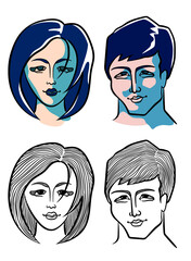 Male and female faces of Asian type. Two options: black and white line graphics and color in the style of Suprematism.