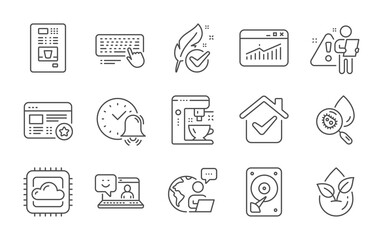 Website statistics, Coffee maker and Hdd line icons set. Computer keyboard, Hypoallergenic tested and Alarm bell signs. Smile, Cloud computing and Water analysis symbols. Line icons set. Vector