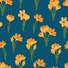 Spring flower crocus, saffron floral seamless pattern. Background for wrapping paper, textile, fabric, wallpaper, scrapbook, congratulation Easter, Happy Mothers and Womens Day. Flat cartoon design