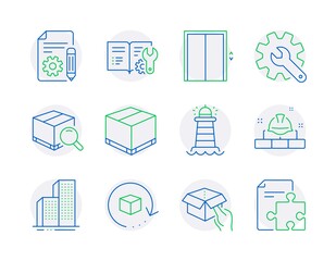 Industrial icons set. Included icon as Hold box, Lift, Engineering documentation signs. Lighthouse, Customisation, Construction bricks symbols. Search package, Skyscraper buildings. Vector