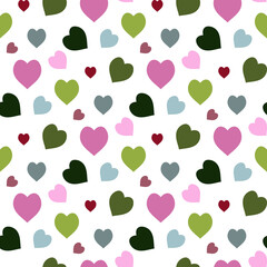 Seamless pattern with green, blue, pink hearts on white background. Vector image.