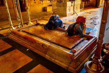 Church of the Holy Sepulchre. Stone of the Anointing of Jesus in the Holy Sepulchre  Jerusalem...