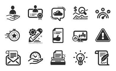 Check investment, Idea and Typewriter icons simple set. Mail newsletter, Feather and Approved document signs. Project edit, Recruitment and Correct answer symbols. Flat icons set. Vector