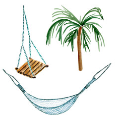 Hammock, swing and palm tree on the beach watercolor elements set. Template for decorating designs and illustrations.