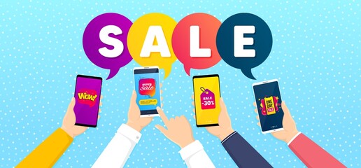 Sale 30 percent, Wow bubble and Super sale promo label set. Banner with mobile phones in hands. One day sign. Price label, Special offer, Discount bubble. Promotional tag set. Vector