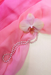 Phalaenopsis peach flower on pink chiffon drape with pearl beads, composition with flower and decorations, selective focus, vertical orientation