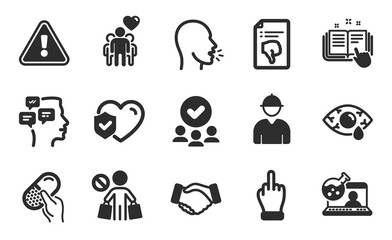 Approved group, Friendship and Online chemistry icons simple set. Life insurance, Capsule pill and Technical documentation signs. Engineer, Messages and Stop shopping symbols. Flat icons set. Vector