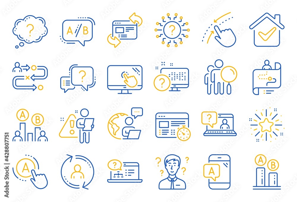 Poster ux line icons. set of ab testing, journey path map and question mark icons. usability quiz test, ux 