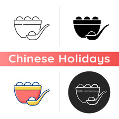 Tangyuan icon. Glutinous rice dumpling. Winter solstice festival. Chinese food. Making and eating glutinous rice balls. Linear black and RGB color styles. Isolated vector illustrations