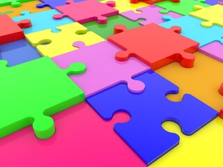 Colored puzzle pieces of different heights are connected to each other