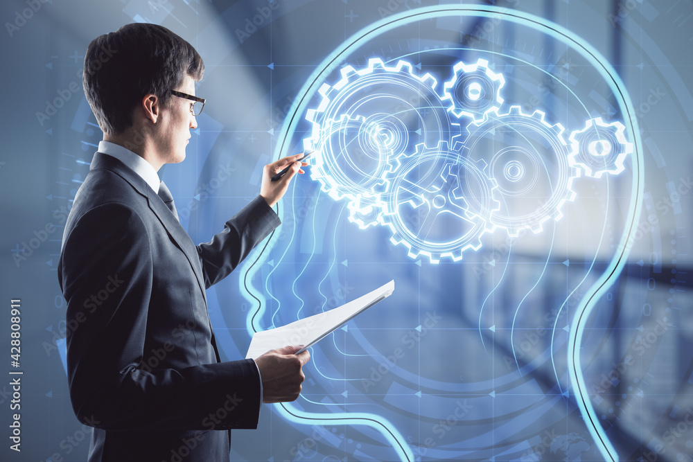 Poster Artificial intelligence and machine learning concept with businessman writing on virtual board with human head silhouette and gears instead brain