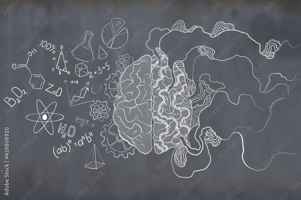 Poster brain sketch half painted in white with rays and different small drawings on a dark grey background.