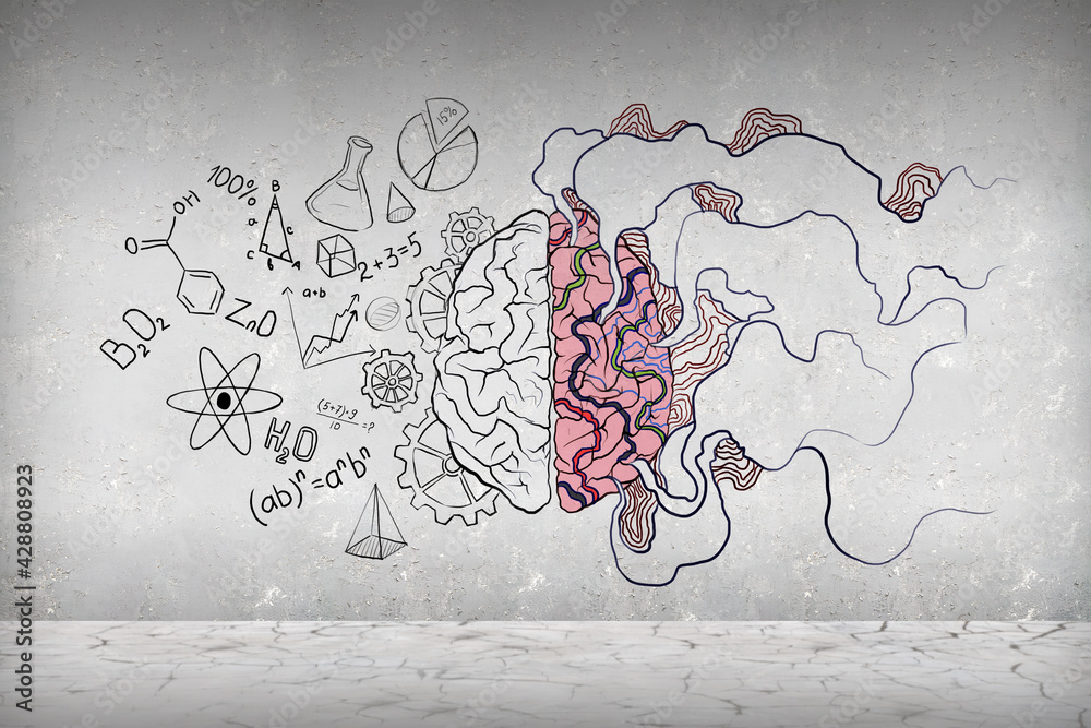 Poster Brain sketch half painted in red with rays and different small drawings on a white background. Brainstorm and creativity concept, 3d rendering