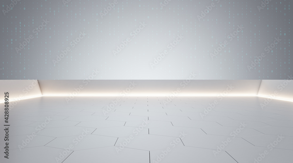 Poster front view on empty stage with futuristic design board, honey combs effect tiles and light blank wal