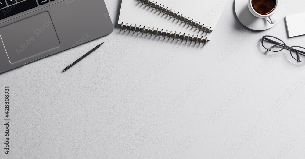 Poster stylish work place with notebook, modern laptop and glasses on blank white table. 3d rendering, mock