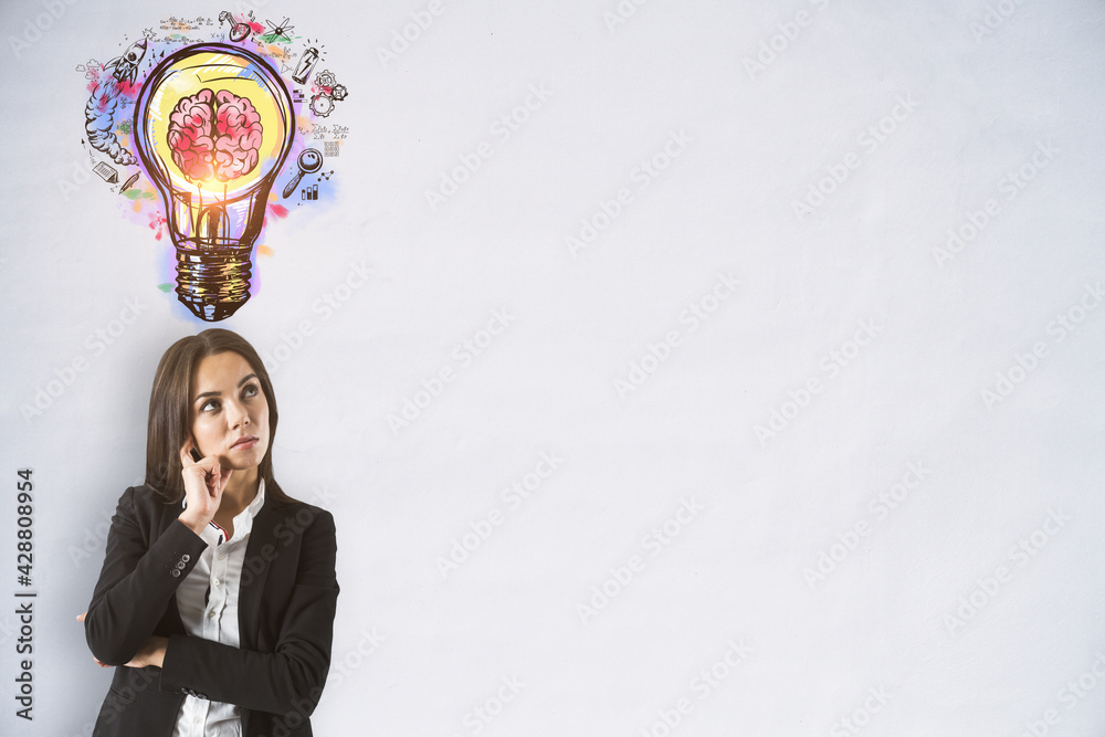 Poster Puzzled businesswoman looking at the brain inside a lightbulb colorful sketch on a white background with empty copyspace in the right, idea and innovation concept, mock up