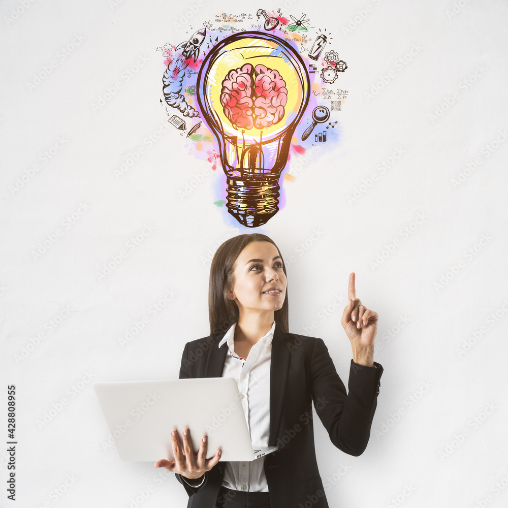 Sticker Smart businesswoman looking at the brain inside a lightbulb colorful sketch on a white background. Idea and innovation concept