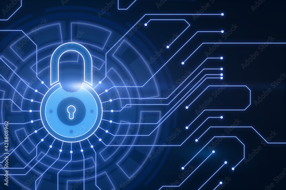 Poster Internet security concept with round lock symbol and circuit scheme on abstract digital screen background
