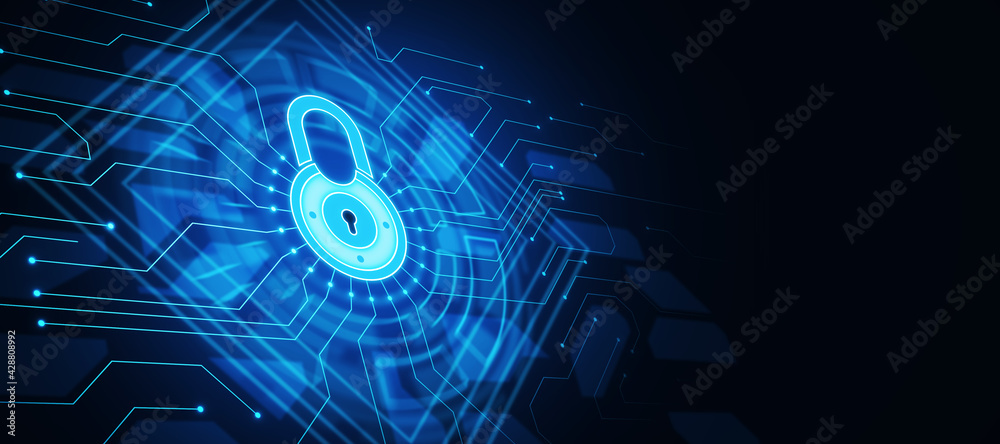 Poster Privacy data protection concept with perspective view on digital glowing lock symbol with microcircuit on blank dark wallpaper. 3D rendering, mock up
