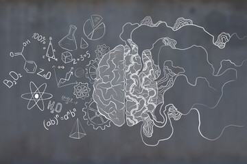Brain sketch half painted in white with rays and different small drawings on a dark grey background. Brainstorm and creativity concept, 3d rendering