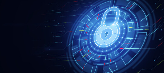Internet safety concept with glowing virtual lock icon in technological button on abstract dark background with copyspace. 3D rendering, mockup