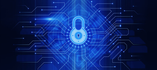 Internet security online business concept with glowing blue digital lock symbol with microcircuit on dark technological backdrop