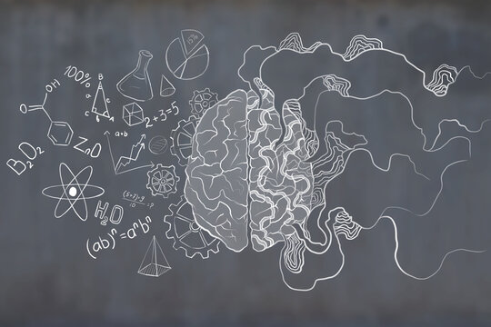 Brain sketch half painted in white with rays and different small drawings on a dark grey background. Brainstorm and creativity concept, 3d rendering