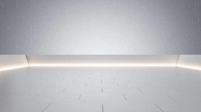 Front view on empty stage with futuristic design board, honey combs effect tiles and light blank wall, 3D rendering, mockup