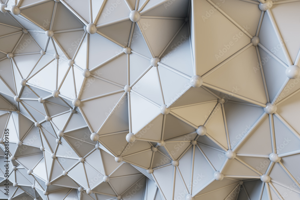 Poster perspective view on abstract stylish wall made from volumetric light glossy triangles connected by l