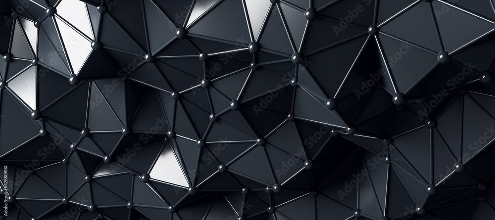 Poster abstract fashion wallpaper with black glossy geometrical triangles connected by lines and dots with 