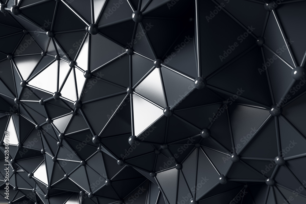 Poster abstract dark futuristic style backdrop with black volumetric glossy triangles, lines and small ball