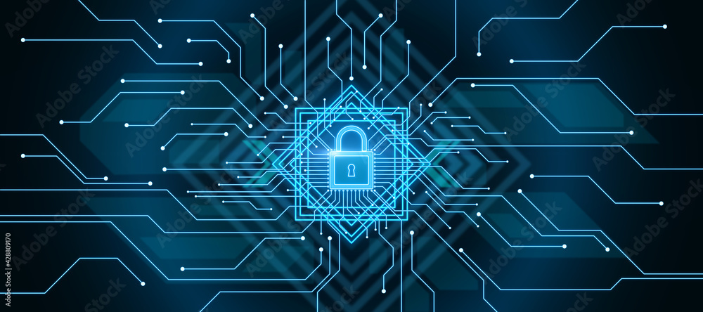 Leinwandbilder digital security concept with virtual lock sign in squares and circuit lines on dark background