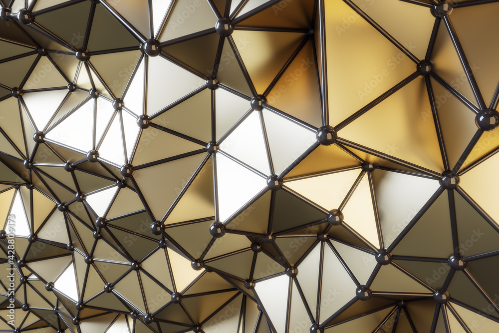 Aufkleber perspective view on abstract futuristic style backdrop with golden volumetric glossy triangles, blac