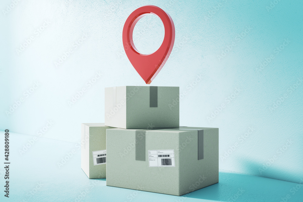 Poster delivery and courier service concept with red pinpoint icon above cardboard boxes in empty hall room