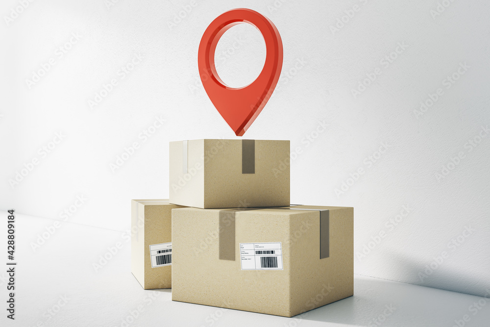 Poster online shopping delivery service concept with cardboard boxes on the floor with red pinpoint icon at