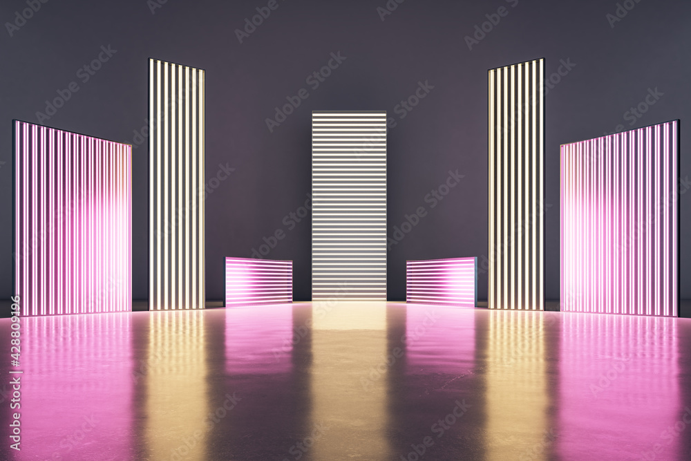 Poster pink and golden neon light bars of different height in an empty space, modern exhibition and showroo