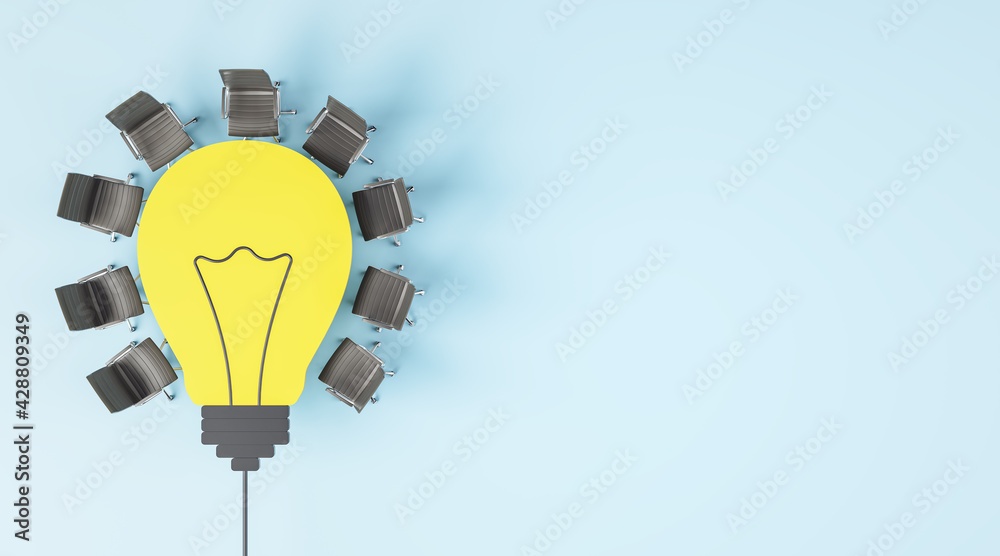 Poster community support and teamwork concept with yellow light bulb table and black office chairs around o
