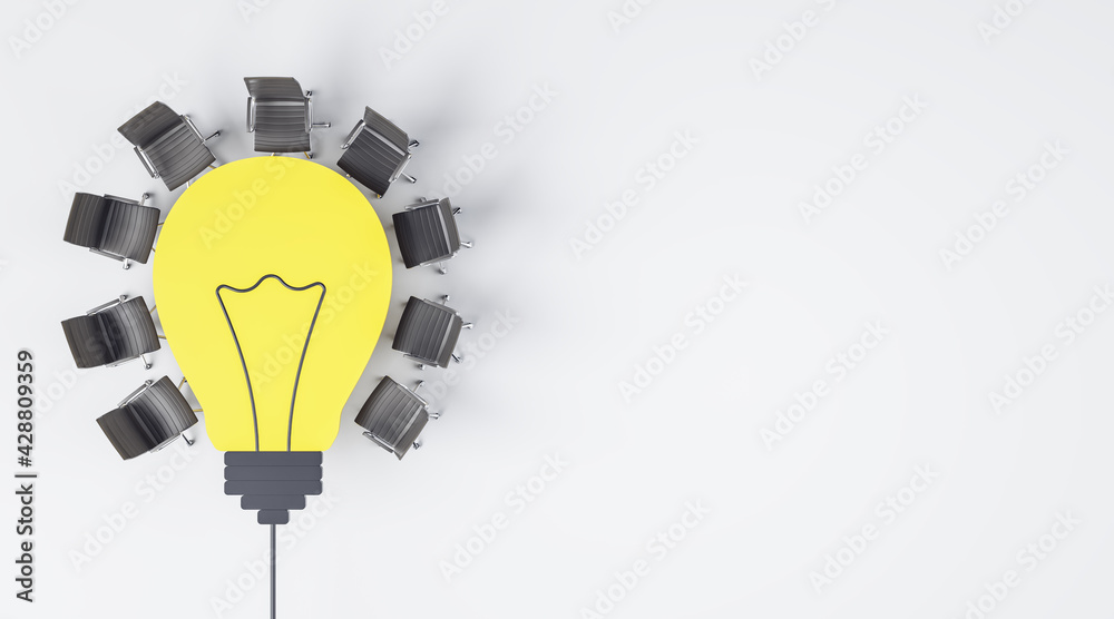 Poster innovative business and teamwork concept with yellow light bulb table and black office chairs around