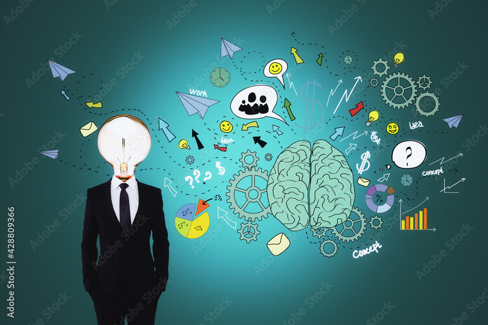 Aufkleber Start up and idea concept with man in black suit and light bulb instead of head on handwritten colorful sketch of human brain with gears and business process icons