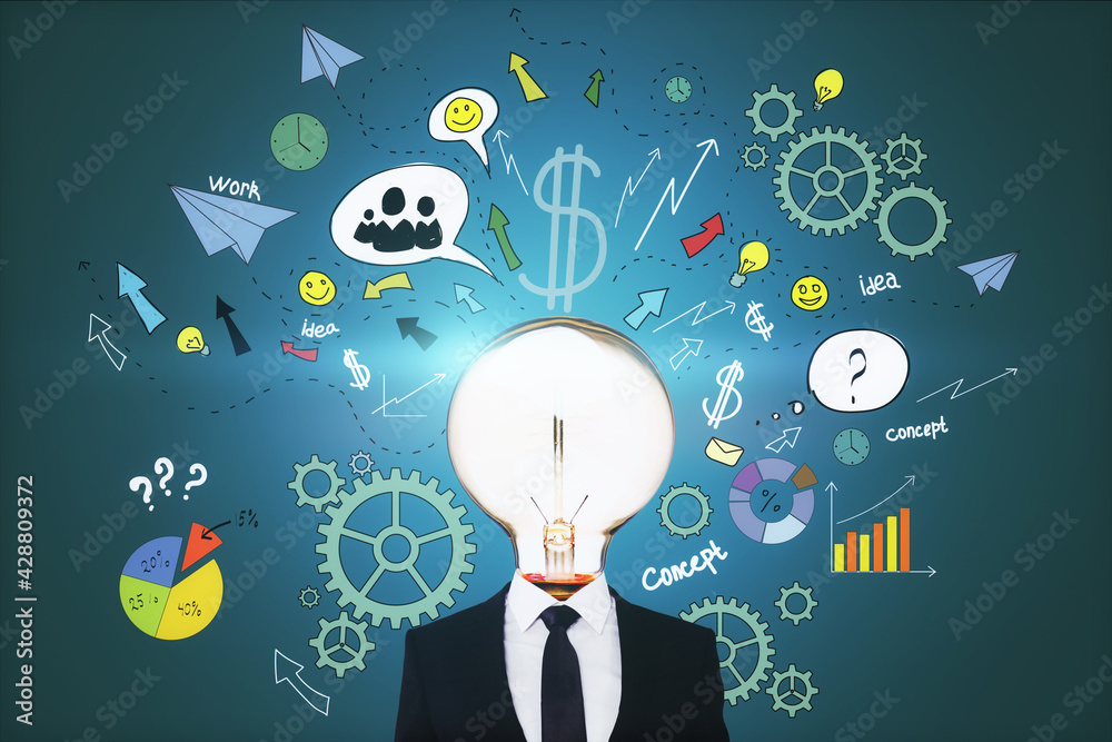 Poster Brainstorming and idea concept with light glowing light bulb instead of head on man and handwritten sketch of social media icons, dollar sign and question mark backdrop