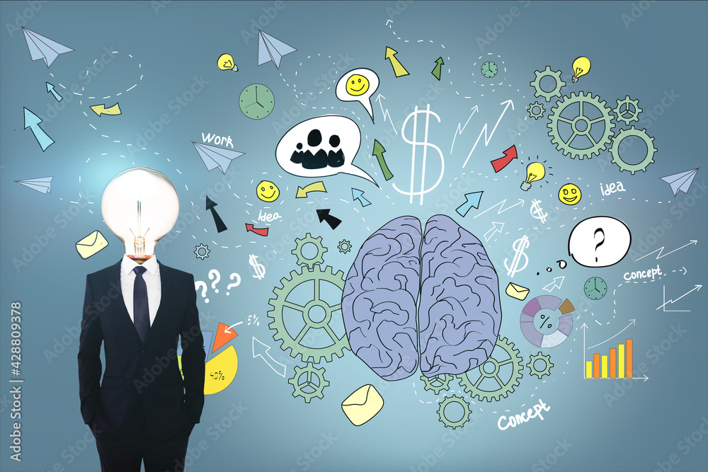 Poster creative concept with man body with light bulb on neck near handwritten sketch of human brain and th